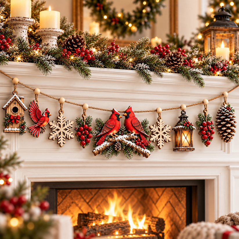 Cardinal Winter Story Garland Christmas mantel decor