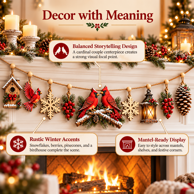 Wooden Cardinal Winter Story Garland