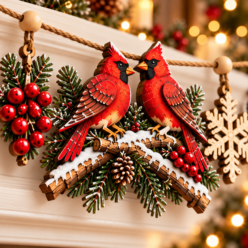 Detailed wooden Cardinal Christmas garland